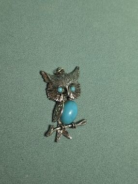 Silver Owl Pendant Necklace with Turquoise Accents